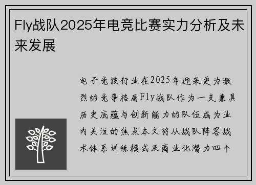 Fly战队2025年电竞比赛实力分析及未来发展